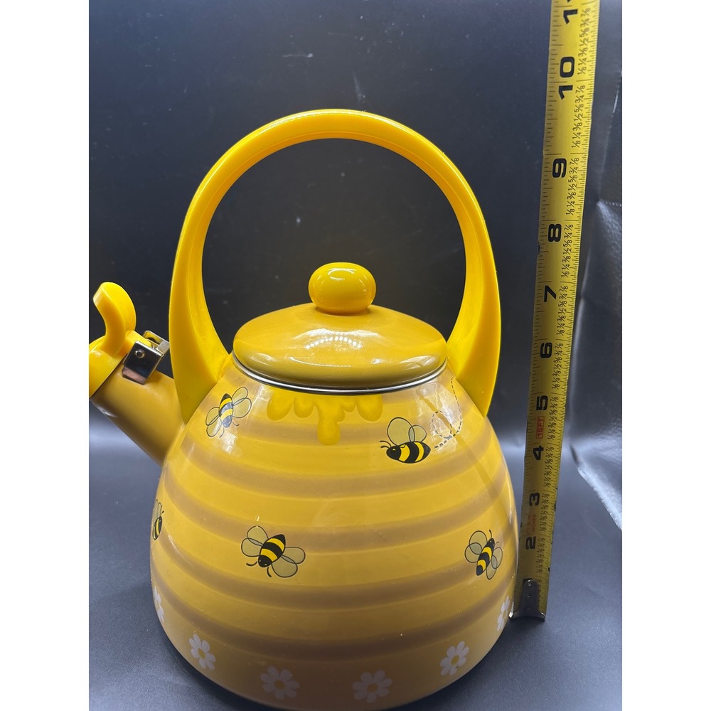 Bumblebee Honey Pot Whistling Tea Kettle Yellow Enamel Stovetop Bee Daisy Design - Picture 9 of 10